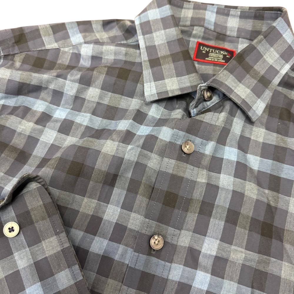 UNTUCKit‎ Mens Medium Blue Grey Plaid Wrinkle Free Cotton Button Down Shirt